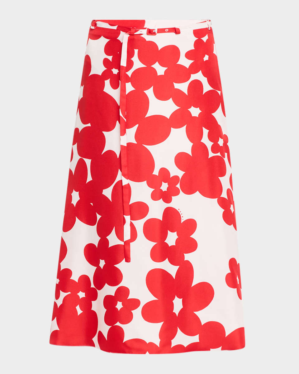 Floral-Print Belted Midi Silk Skirt